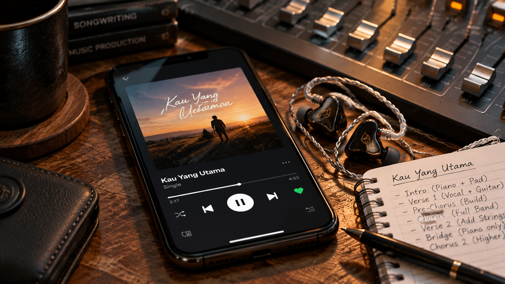 Layar pemutar musik digital menampilkan cover single terbaru Syahrini berjudul Kau Yang Utama.
