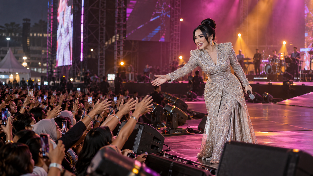 Syahrini melambaikan tangan menyapa ribuan penonton di panggung Gambir Expo JIExpo Kemayoran.
