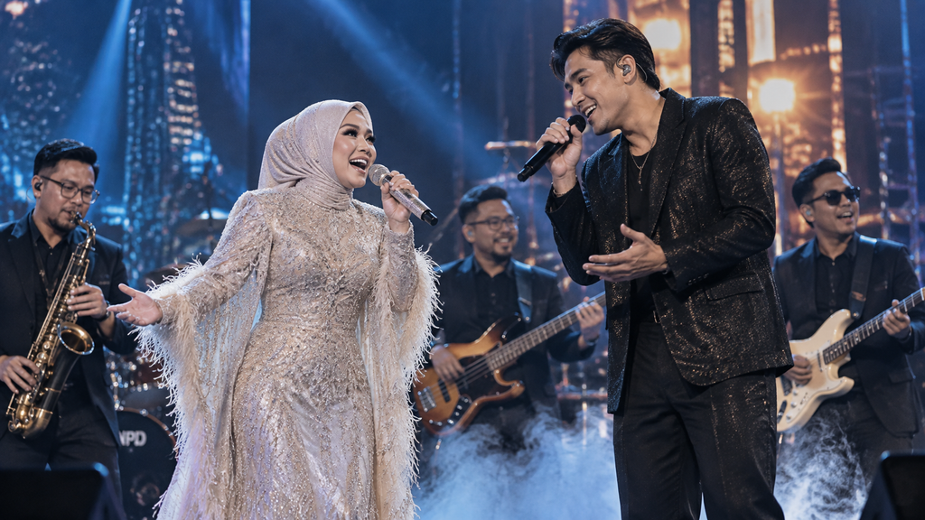 Syahrini berkolaborasi membawakan lagu bersama musisi Adrian Khalif dan grup NPD di atas panggung.