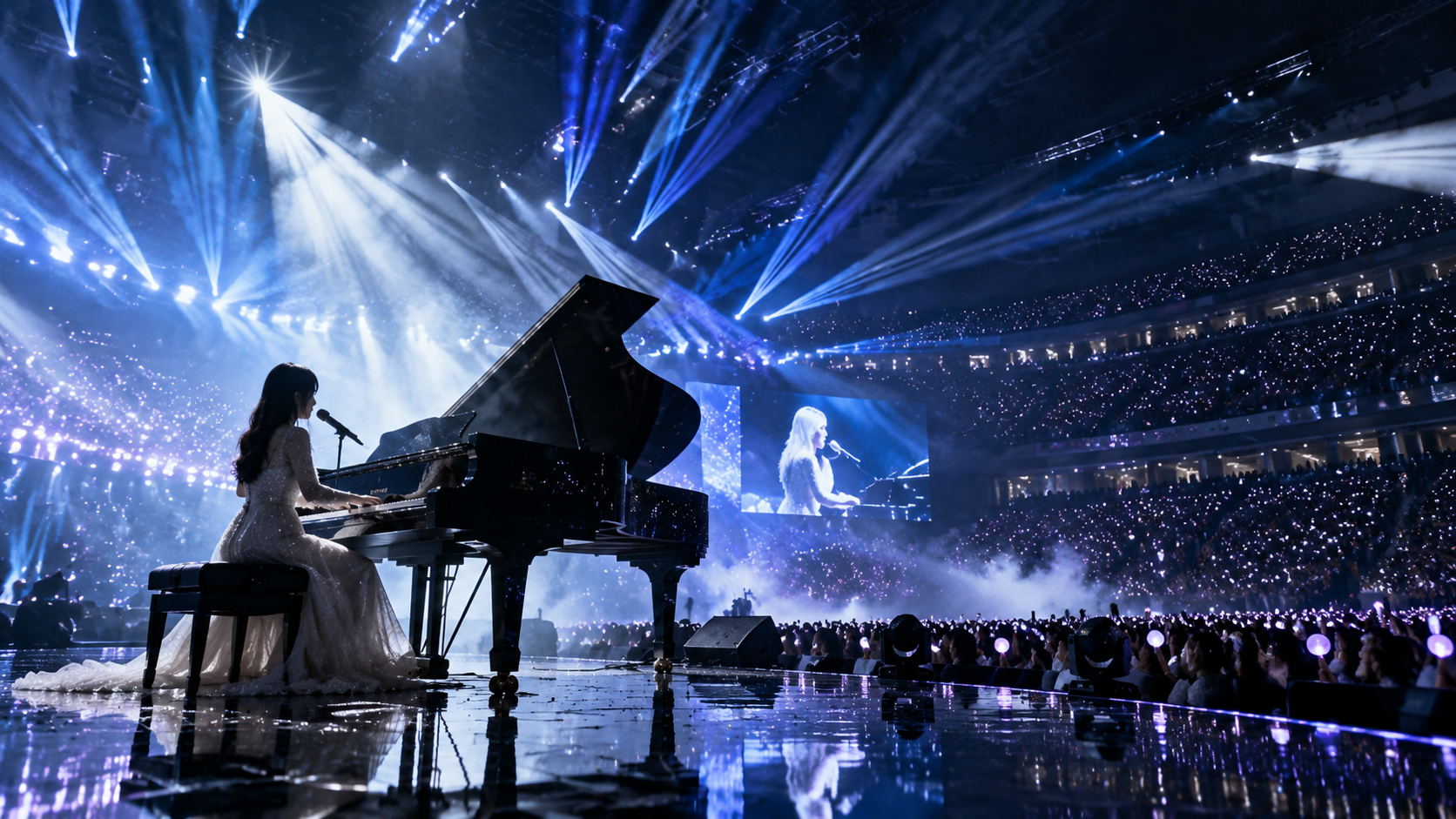 Younha Gugat C9 Entertainment soal Pembayaran, Akhiri Kontrak 14 Tahun 6 Siluet Younha bermain grand piano, menunjukkan kepopulerannya sebagai penyanyi dan penulis lagu Korea.